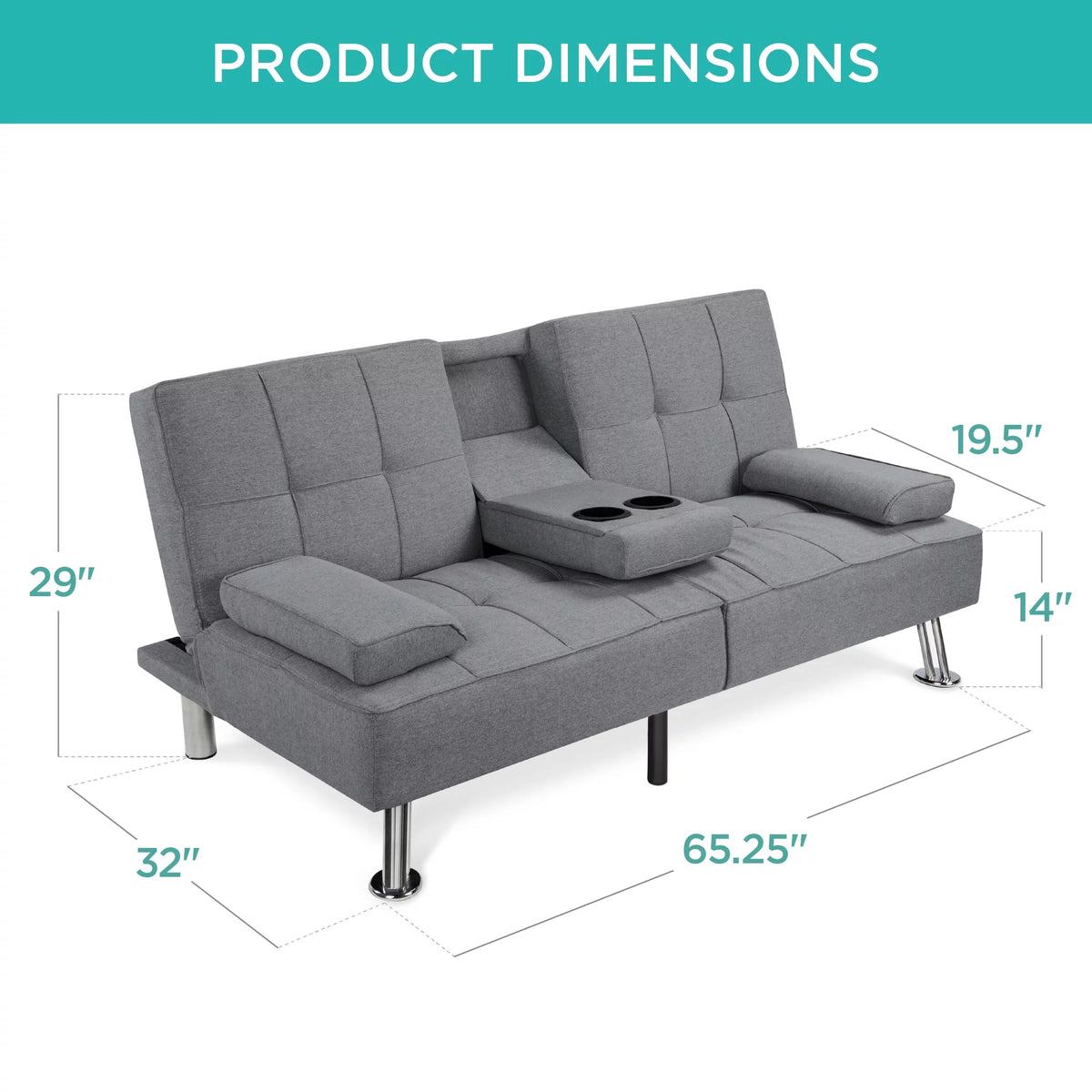Gray Linen Convertible Futon Sofa Bed with Cupholders N388649