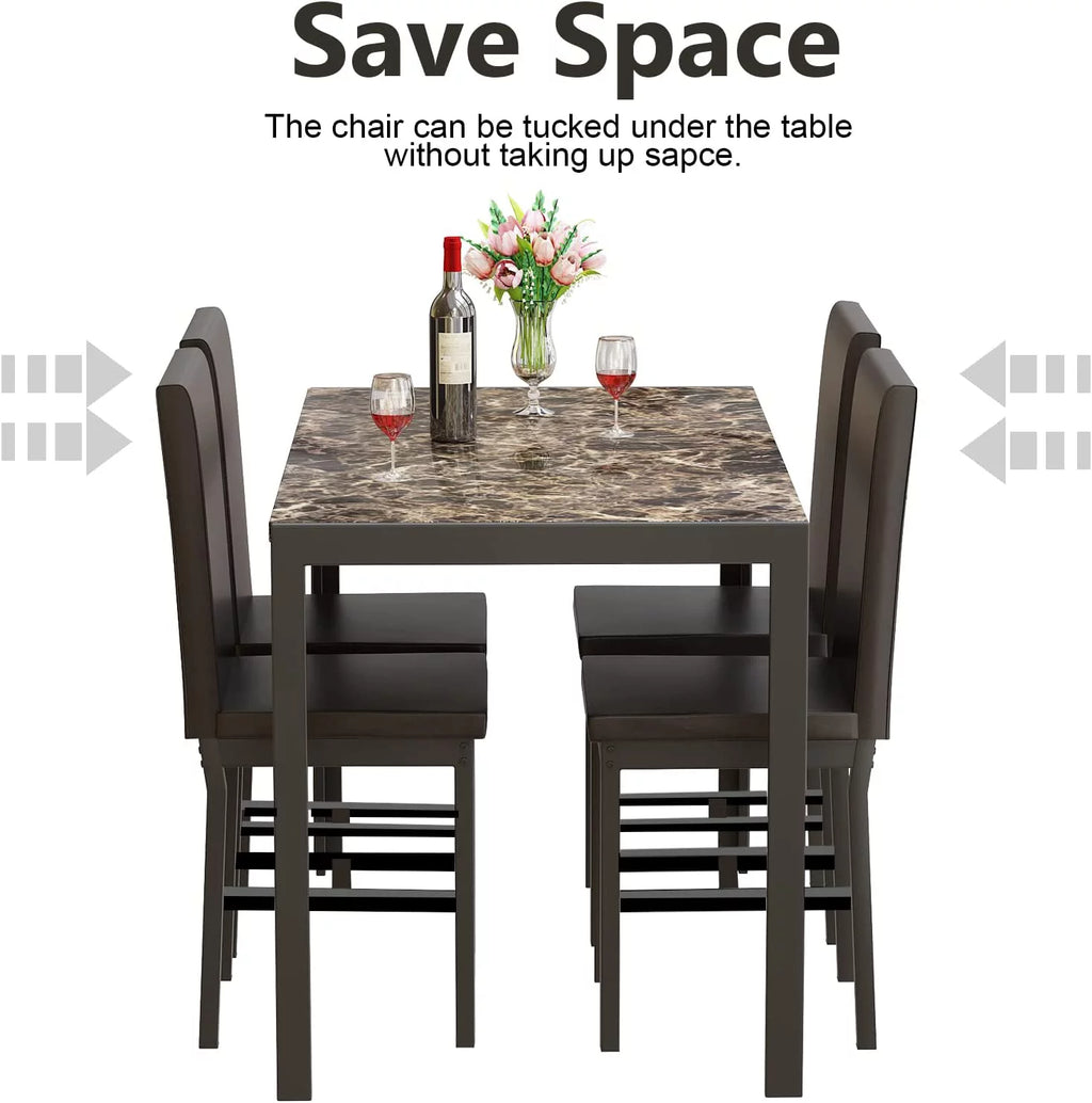 5 Piece Marble Dining Table Set with Faux Leather Metal Frame Chairs B5478