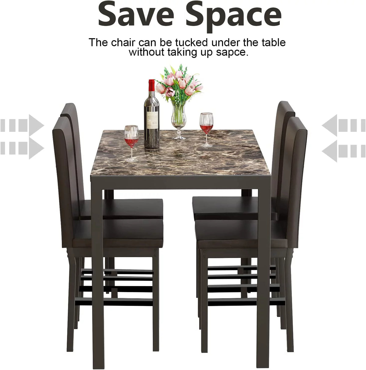 5 Piece Marble Dining Table Set with Faux Leather Metal Frame Chairs B5478
