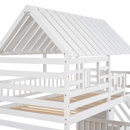 White Twin Over Twin Wood Bunk Bed with Slide and Trundle F422