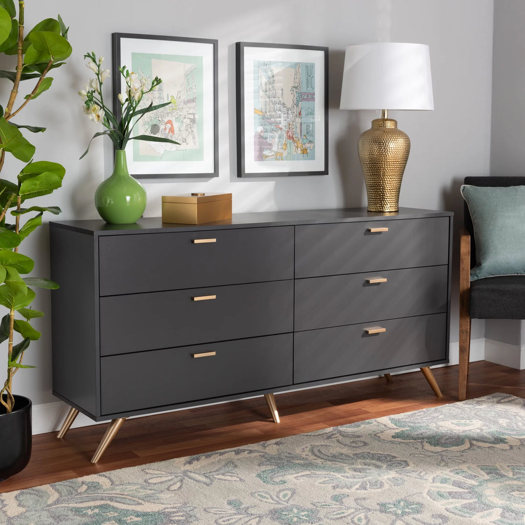 Dark Grey Gold Wood 6-Drawer Dresser D75890