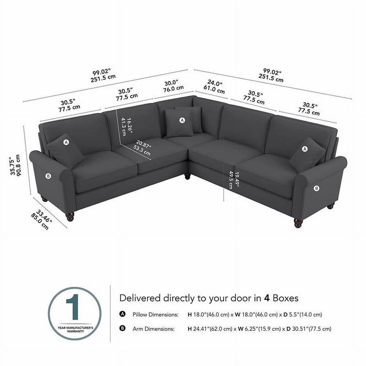 Charcoal Gray Herringbone Fabric L Shaped Sectional Couch B788833