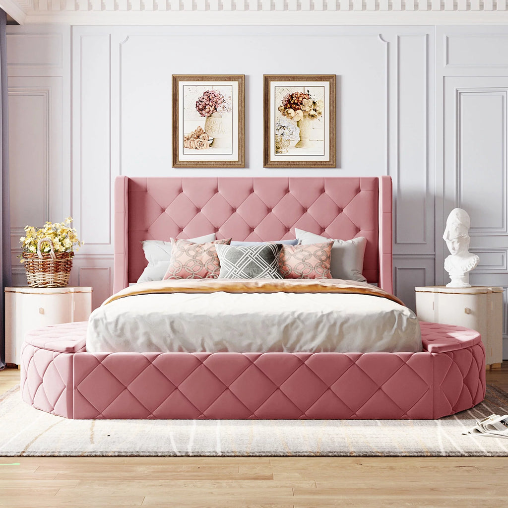 Queen Size Velvet Upholstered Platform Bed with Wingback Headboard and Drawer B614