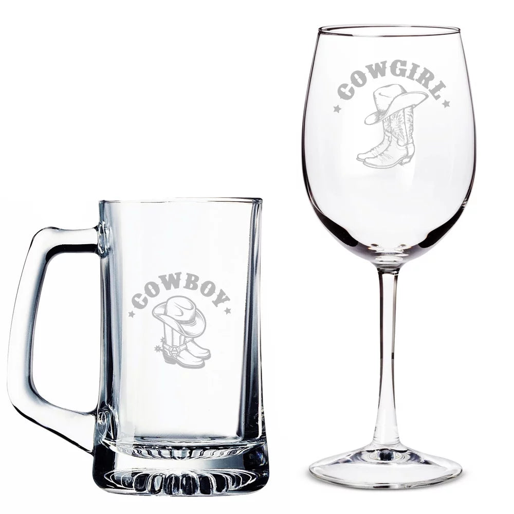 Cowboy Beer Mug and Cowgirl Wine Glass Set X112