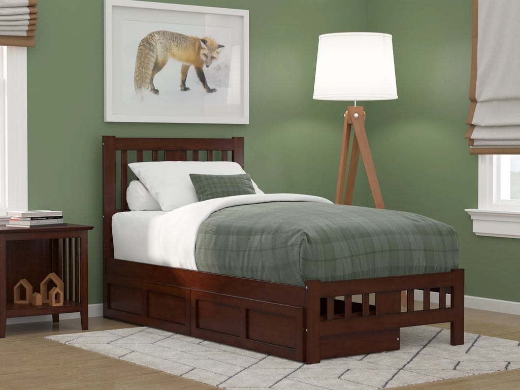 Twin Wood Platform Bed with Headboard Footboard & 2 Storage Drawers Walnut Q841905
