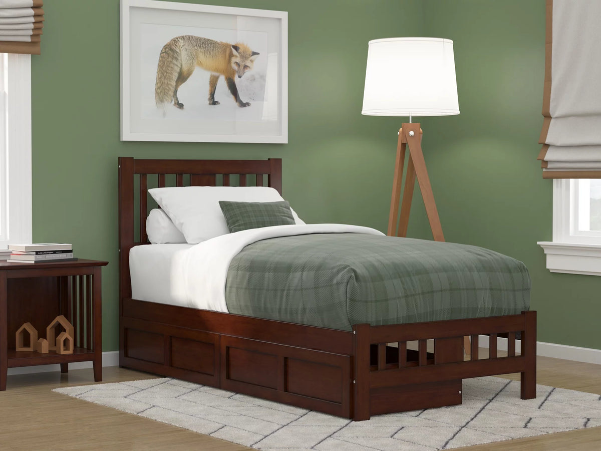 Twin Wood Platform Bed with Headboard Footboard & 2 Storage Drawers Walnut Q841905