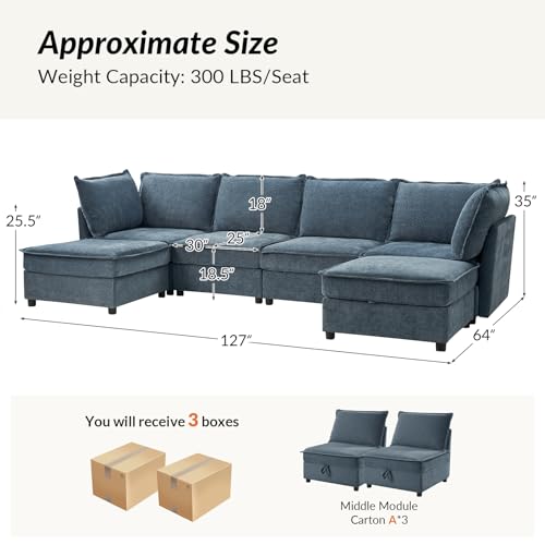 127'' Beige Chenille Modular Sectional Sofa with Storage Ottoman P8927