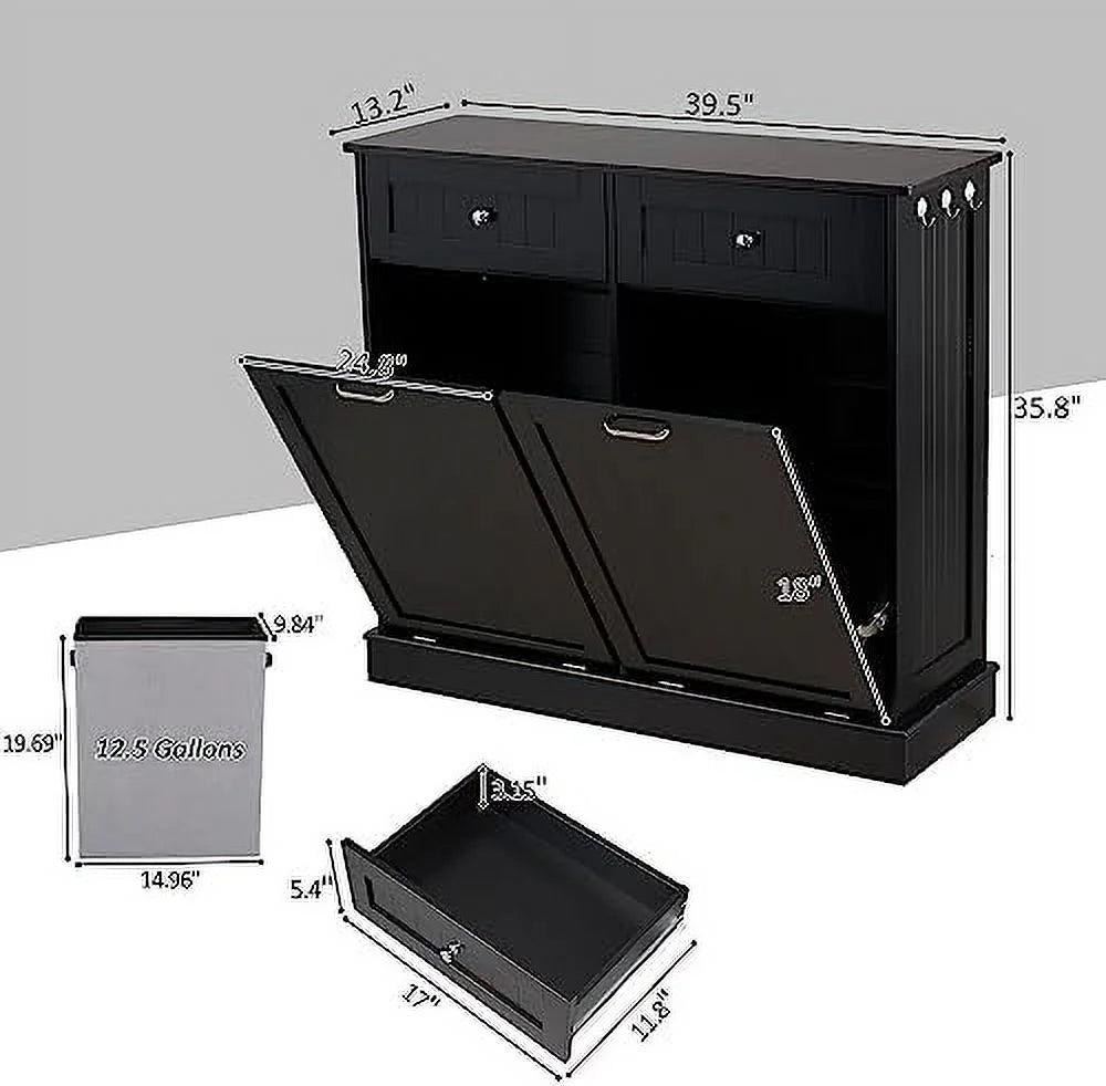 Double Tilt Out Trash Cabinet Laundry Hamper 20 Gallon Black P5502