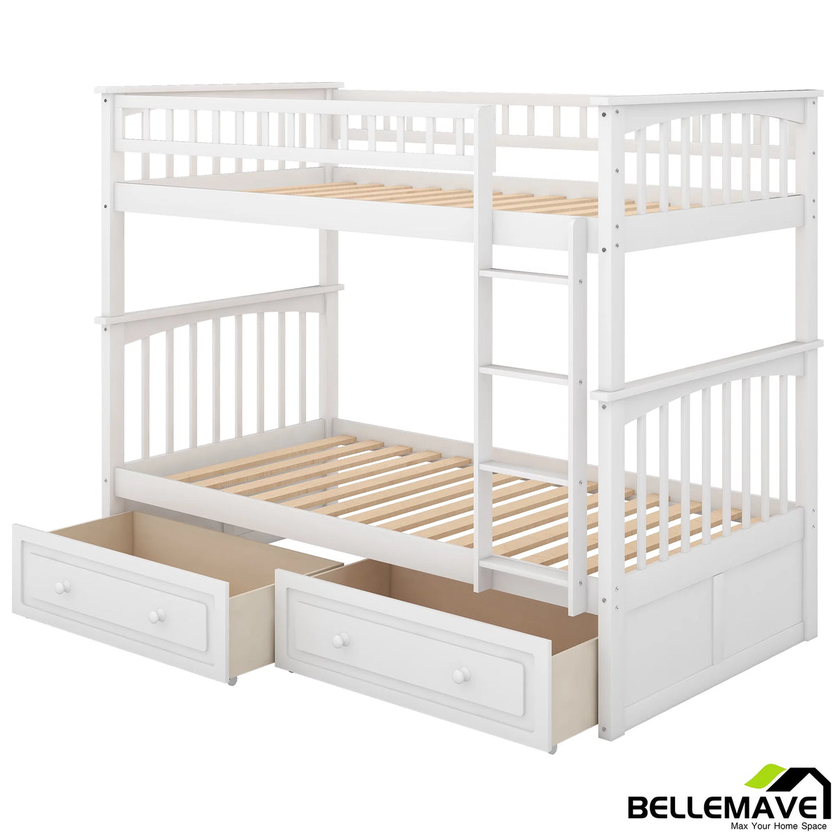 White Twin Over Twin Wooden Bunk Bed with 2 Storage Drawers M5682