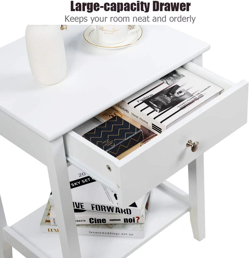 White 2-Tier Wooden Nightstand with Drawer R9357