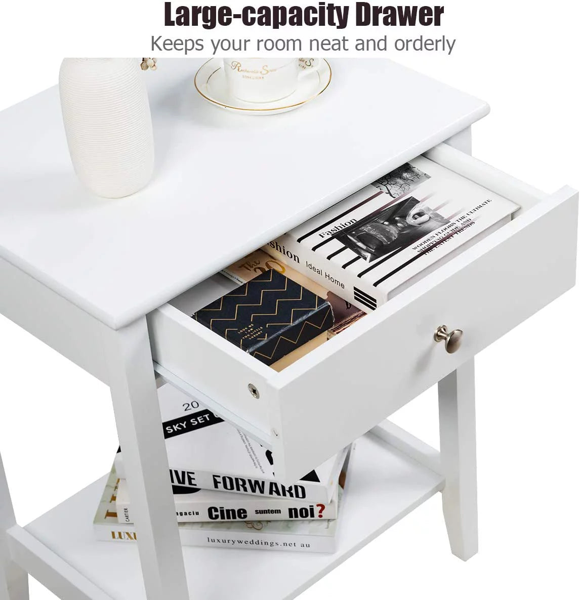 White 2-Tier Wooden Nightstand with Drawer R9357