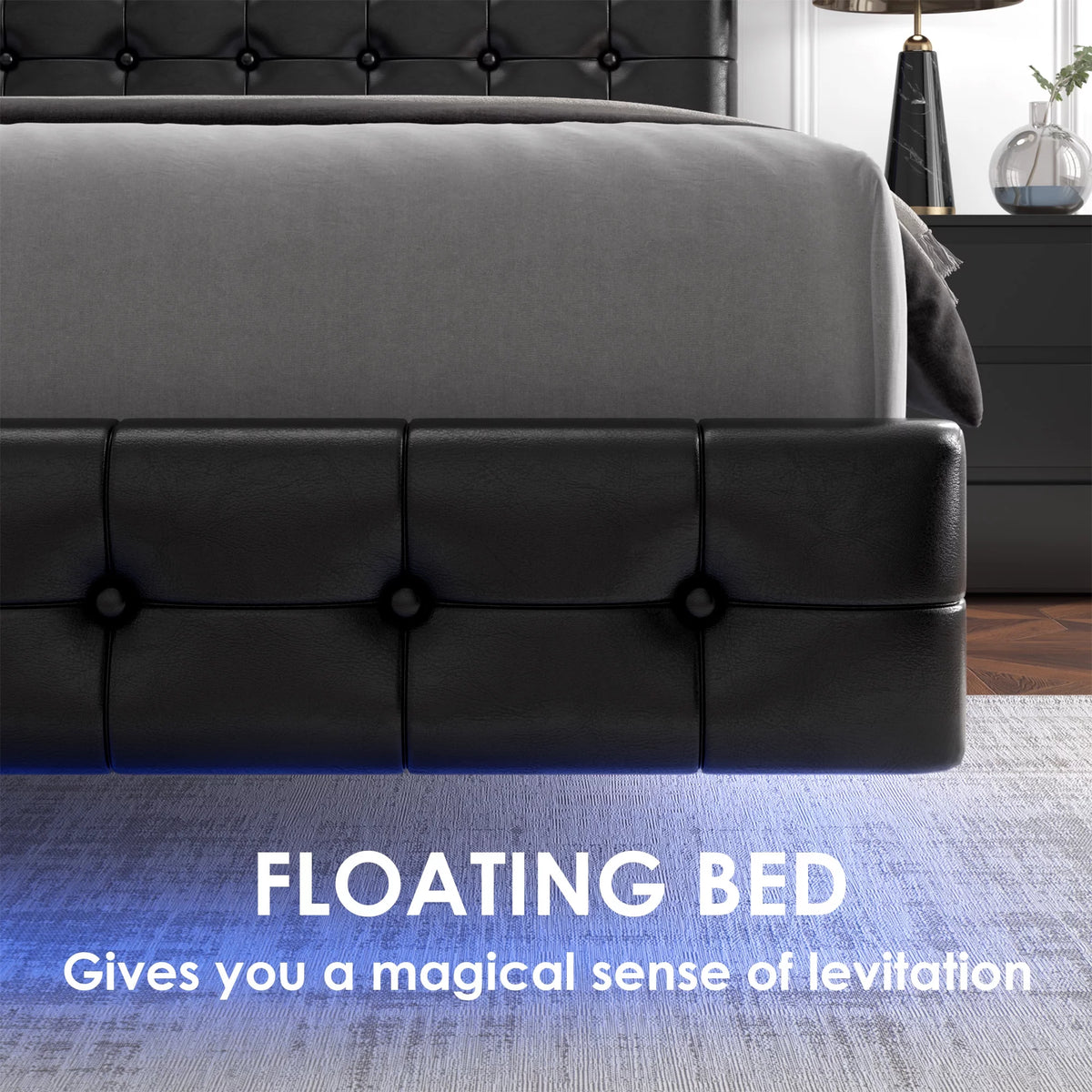 White Queen Floating Platform Bed with Lights and Storage K463