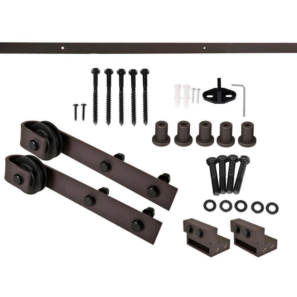 84 in. Walnut Stained Wood Interior Sliding Barn Door with Hardware Kit Y179