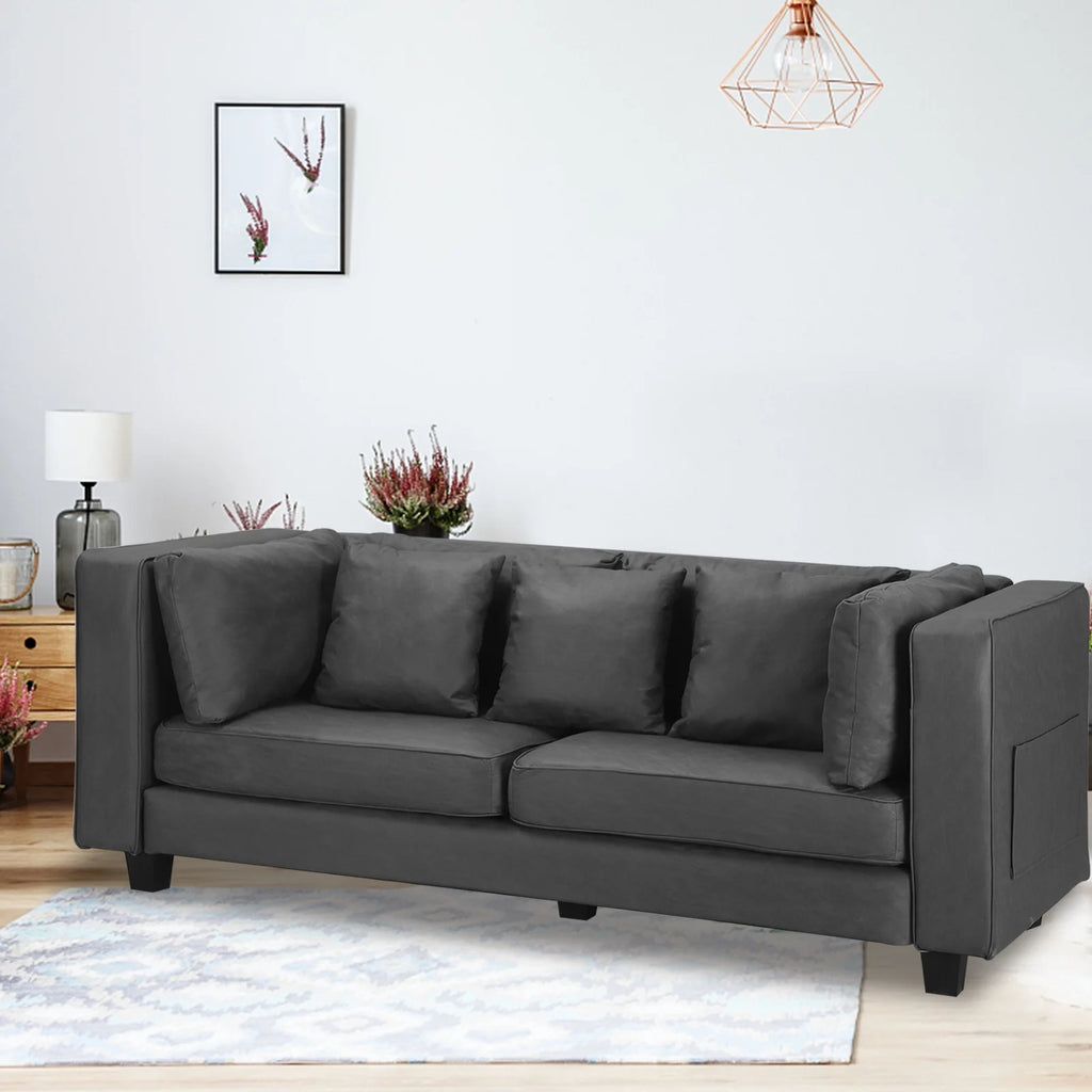 Grey Faux Leather Sofa with 5 Pillows I703