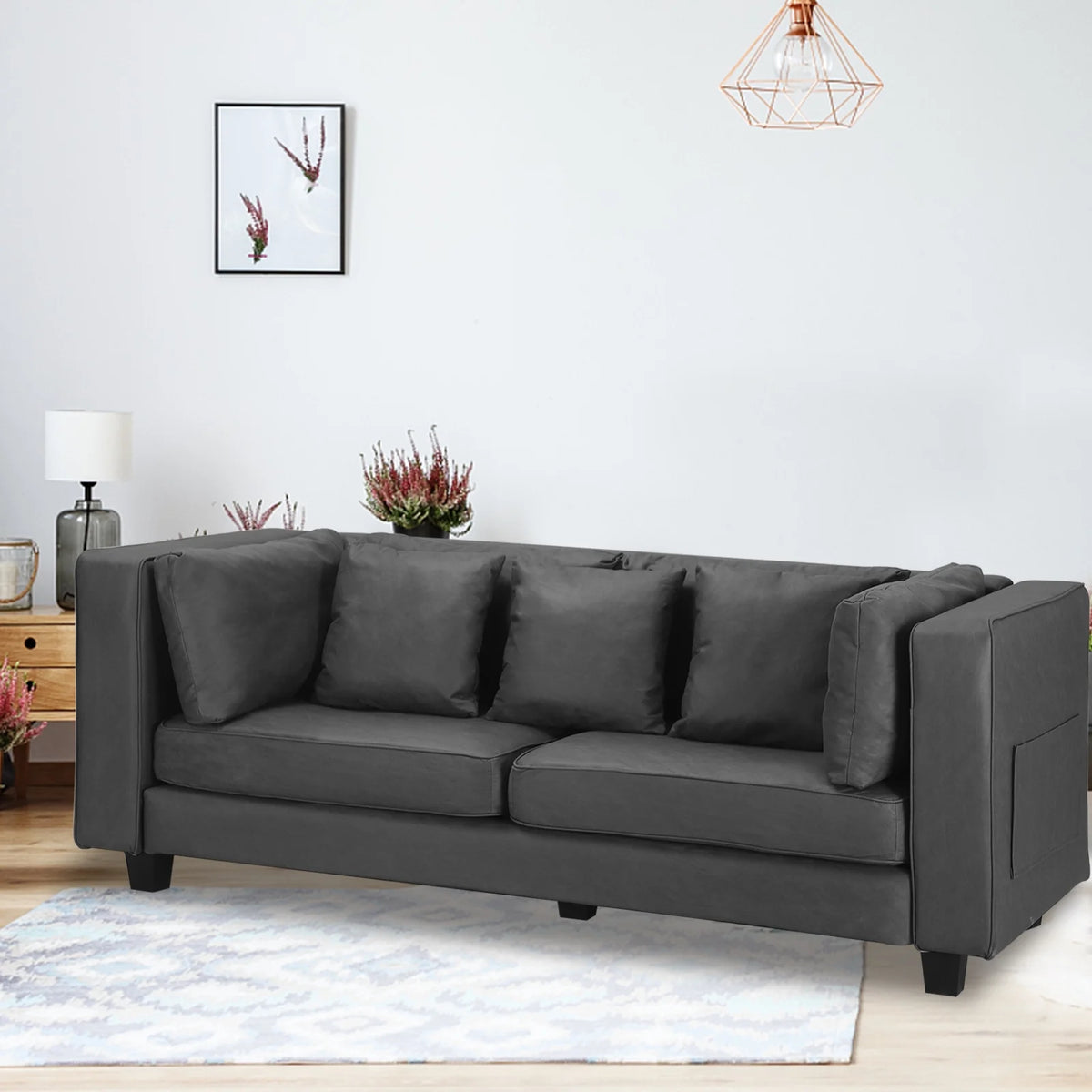 Grey Faux Leather Sofa with 5 Pillows I703