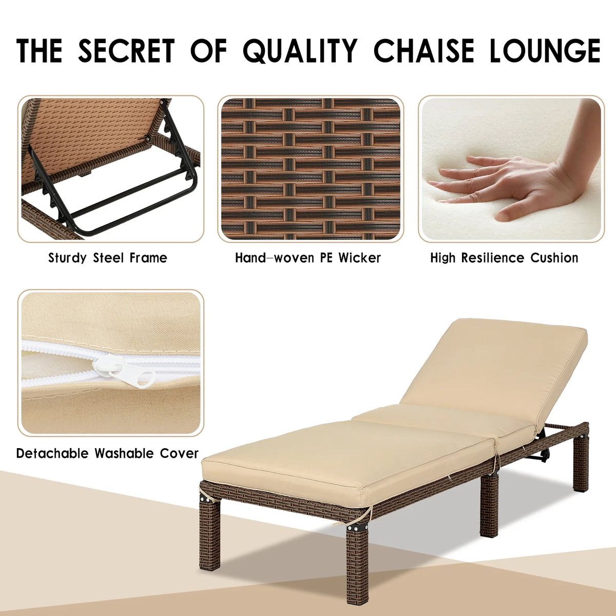 Rattan Wicker Chaise Lounge Chair with Adjustable Backrest & Cushion, Set of 2 K911