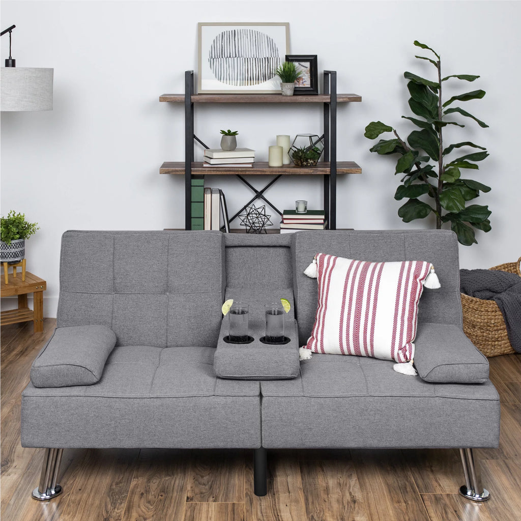 Gray Linen Convertible Futon Sofa Bed with Cupholders N388649