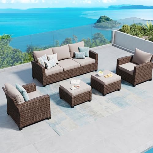 Brown Wicker Rattan 7 Pieces Patio Furniture Set with Cushion and Firepit Table I61824