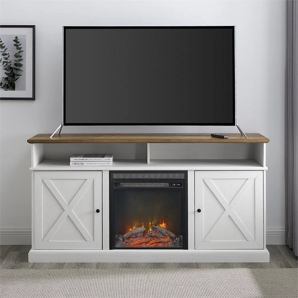 60" Tall Highboy Fireplace TV Stand in Rustic Oak/Brushed White W717905
