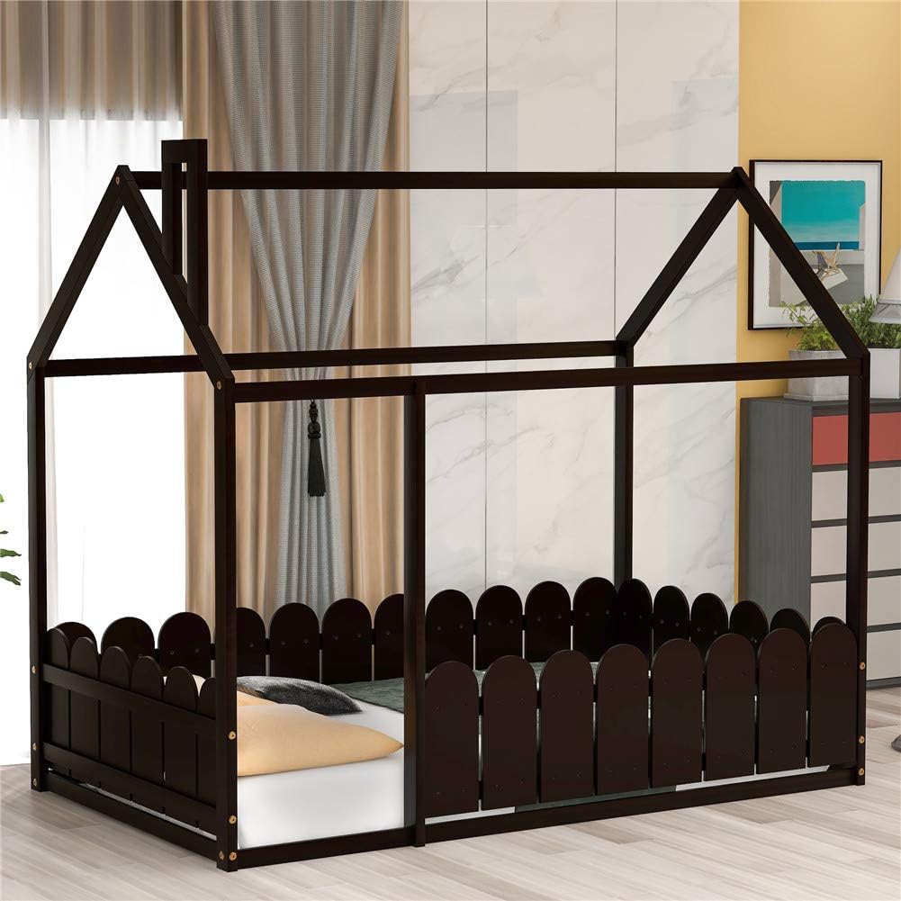 Twin Size Wood House Bed Frame with Fence U104