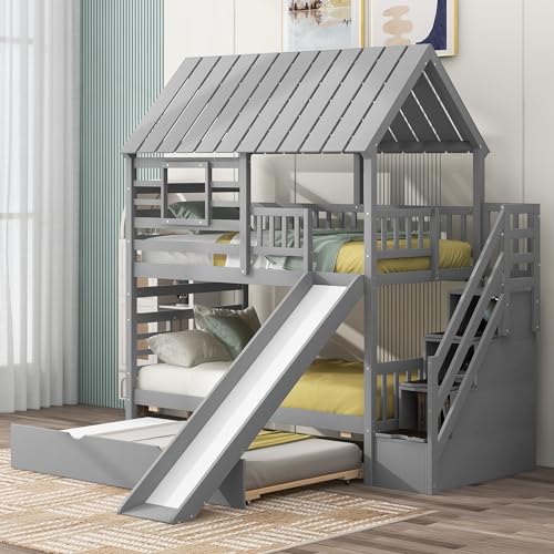 White Twin Over Twin Wood Bunk Bed with Slide and Trundle F422