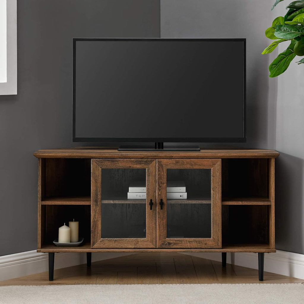 Dark Walnut 48 Inch Wood Corner TV Stand with Glass Cabinet Doors Q6664