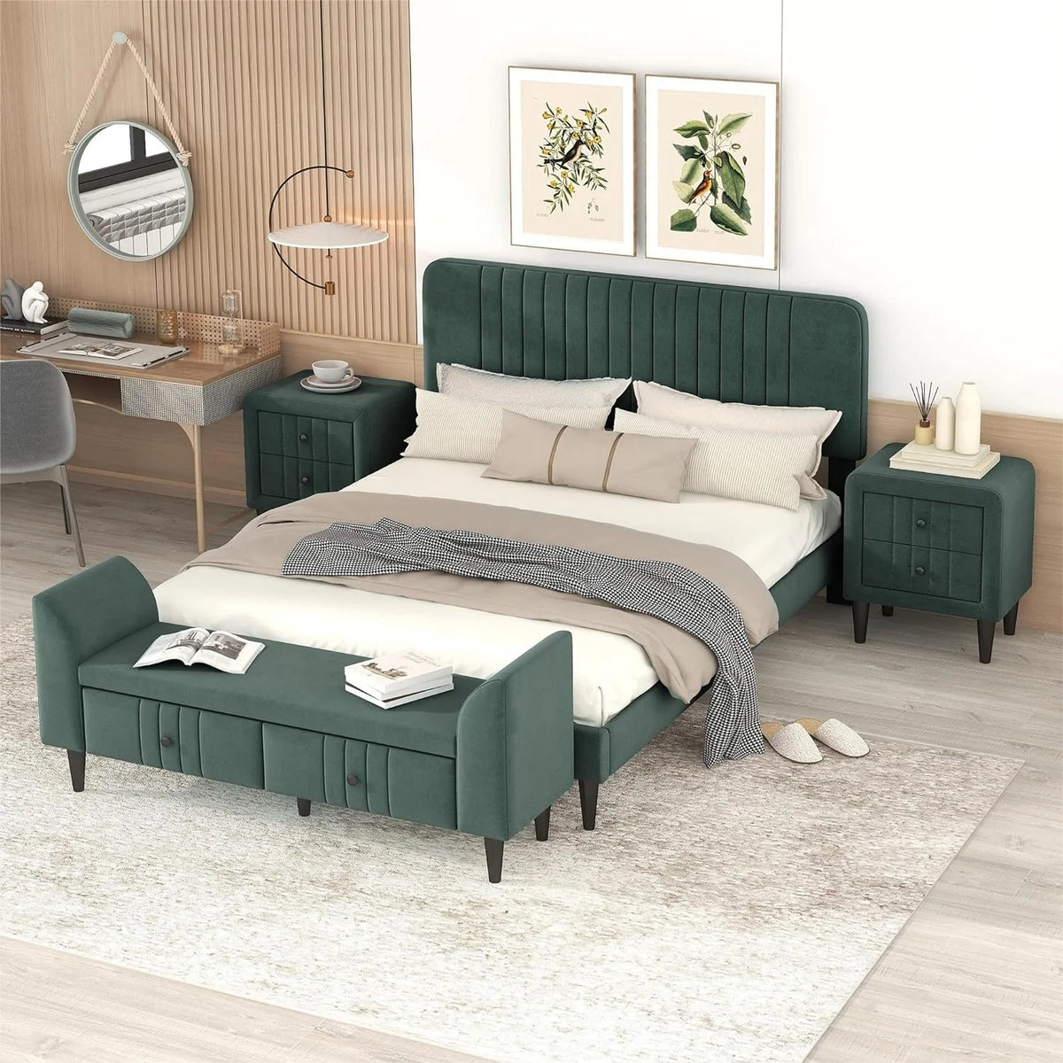 Queen Size Upholstered Platform Bed with Storage Bench Y30806