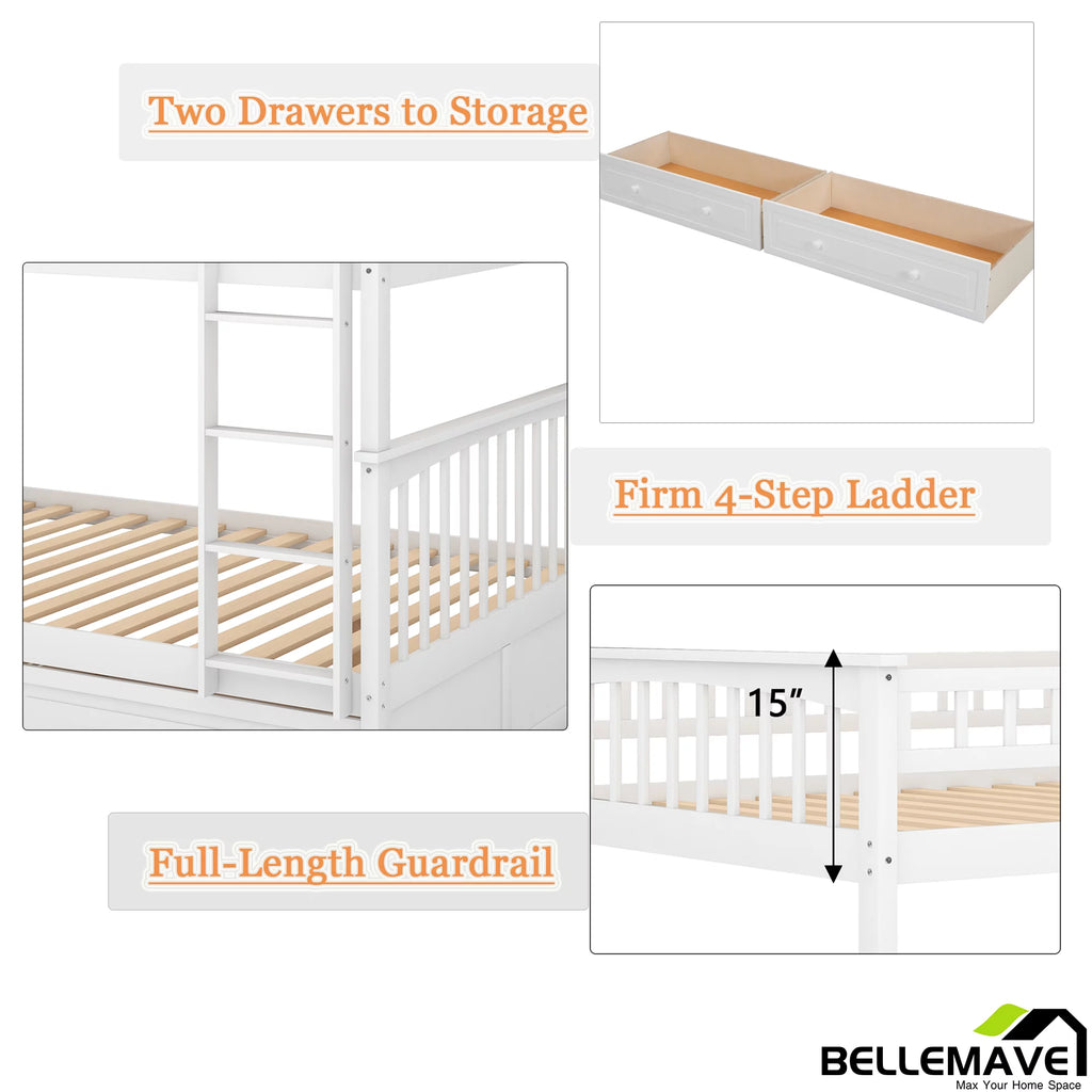 White Twin Over Twin Wooden Bunk Bed with 2 Storage Drawers M5682