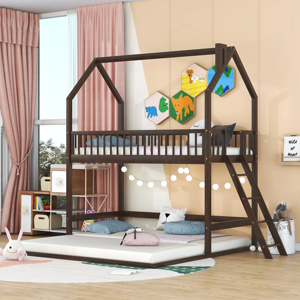 Twin Over Twin House Bunk Bed with Trundle and Roof N41318
