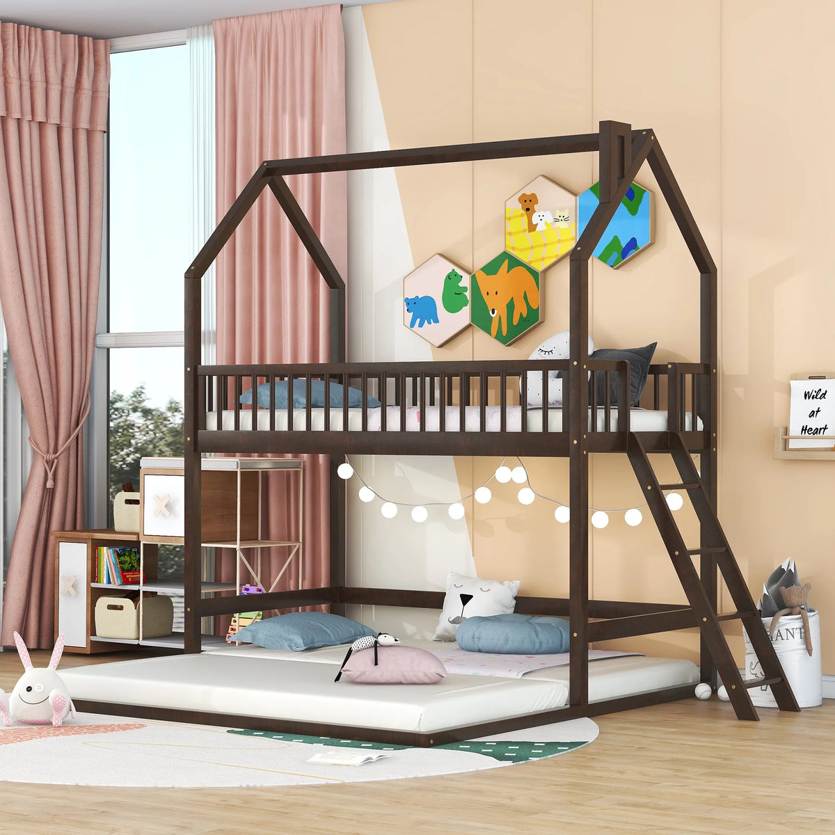 Twin Over Twin House Bunk Bed with Trundle and Roof N41318