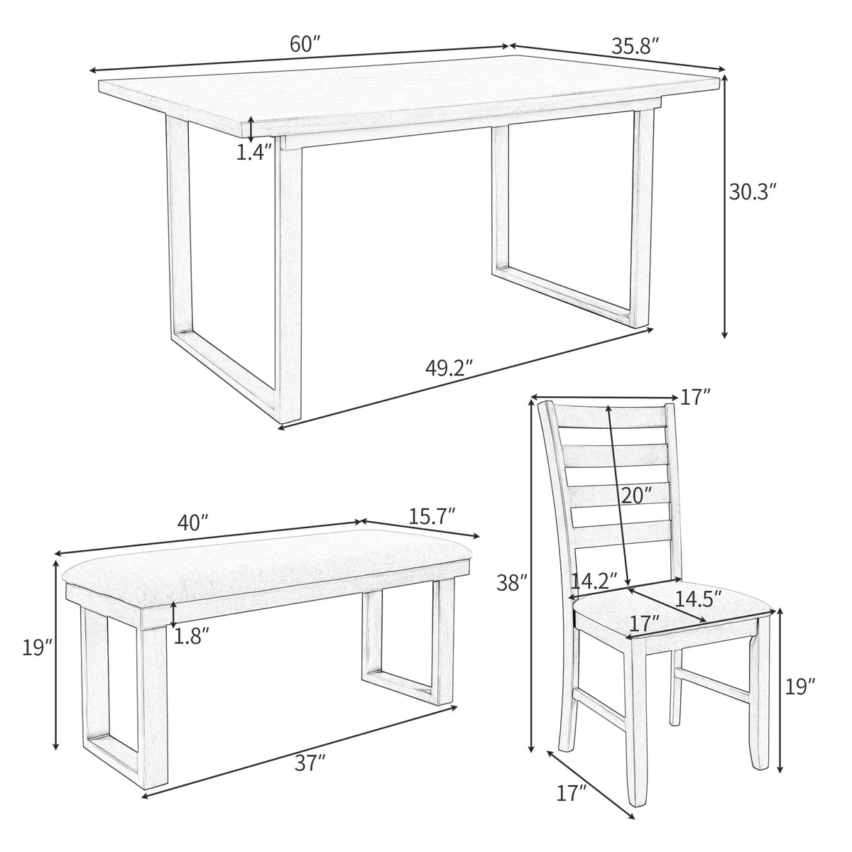 6 Piece Solid Wood Dining Set with Table 4 Chairs and Bench Gray S240