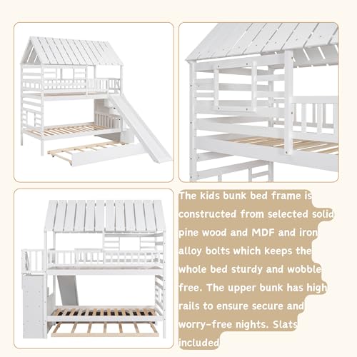 White Twin Over Twin Wood Bunk Bed with Slide and Trundle F422