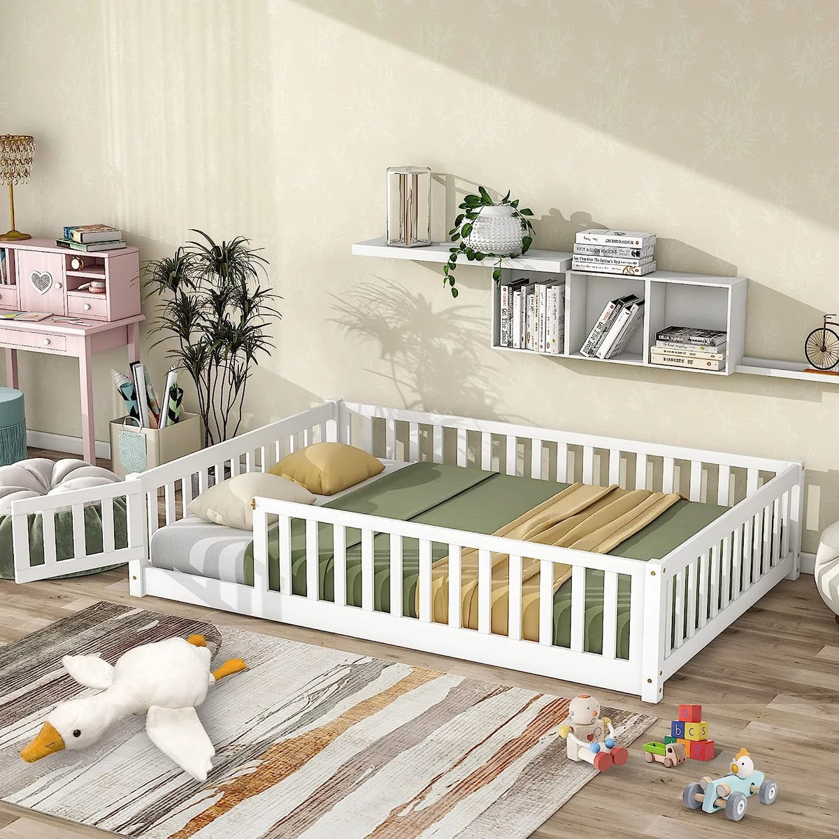 White Twin Floor Bed Frame with Fence and Wood Slats X246
