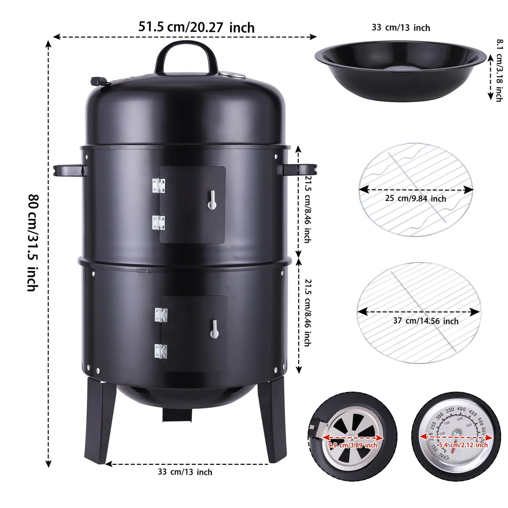 3-in-1 Steel Charcoal Smoker BBQ Grill with Thermometer M77232