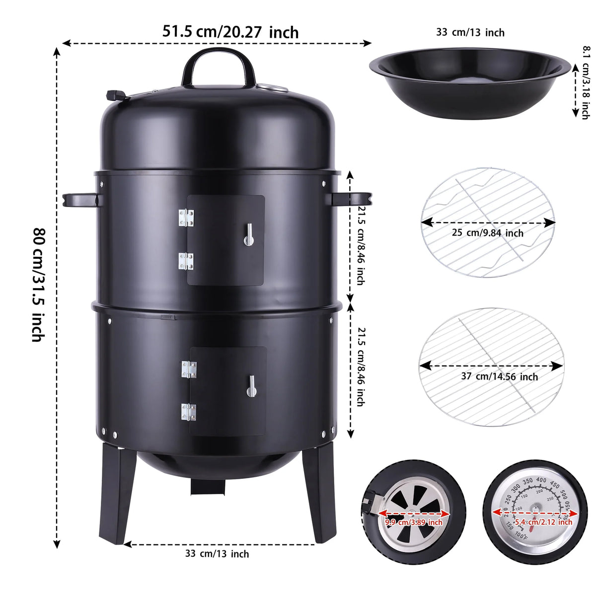 3-in-1 Steel Charcoal Smoker BBQ Grill with Thermometer M77232