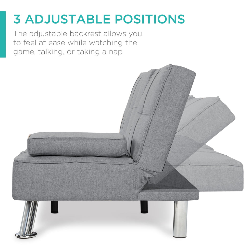 Gray Linen Convertible Futon Sofa Bed with Cupholders N388649