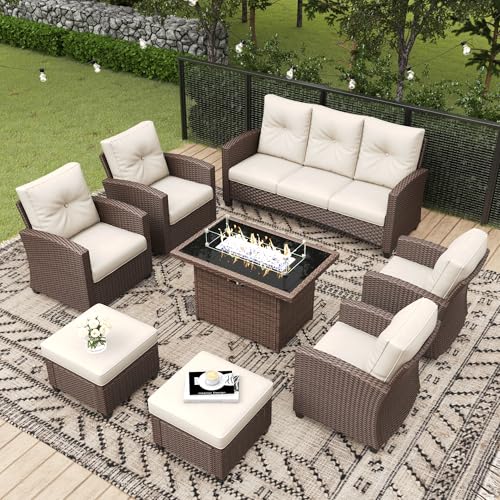 4 Piece Wicker Patio Furniture Set with Fire Pit Table D949