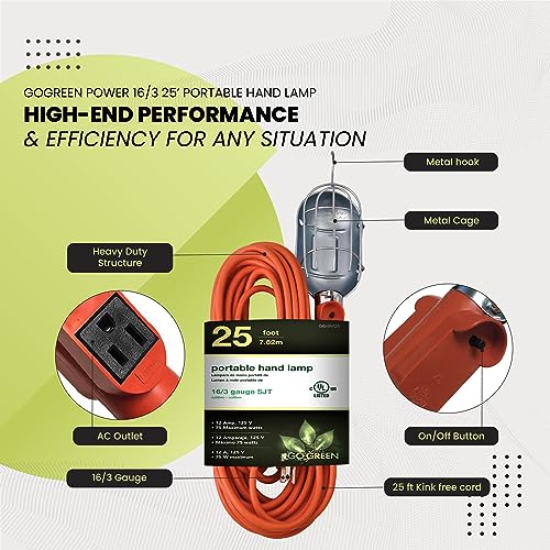 25ft Portable Hand Lamp with Kink-Free Cord and Swivel Hook Y3395