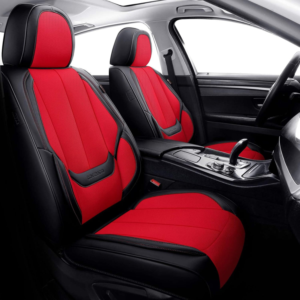 Red 4 Pieces Fabric & Leather Car Seat Covers Full Set W6916