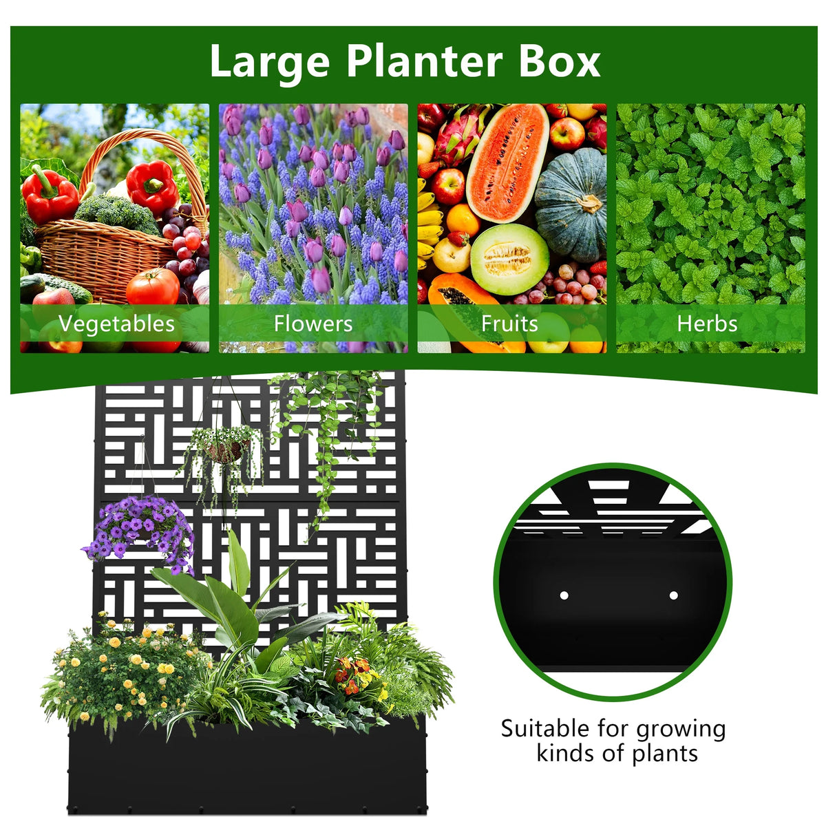 71'' Metal Planter with Trellis, Raised Garden Bed with Drainage Hole, Black H279