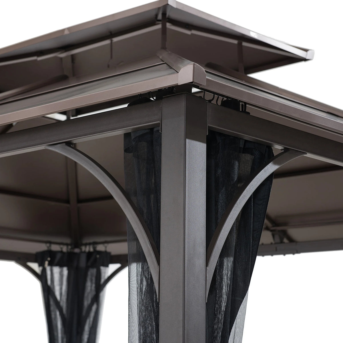Brown 10x12 ft. Steel Frame 2-Tier Hardtop Roof Gazebo with Netting W48876