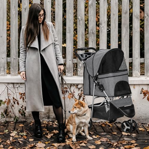 3 Wheels Pet Stroller with Storage Basket and Cup Holder W110502