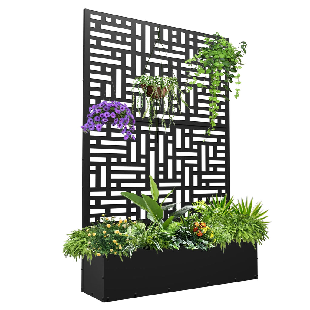 71'' Metal Planter with Trellis, Raised Garden Bed with Drainage Hole, Black H279