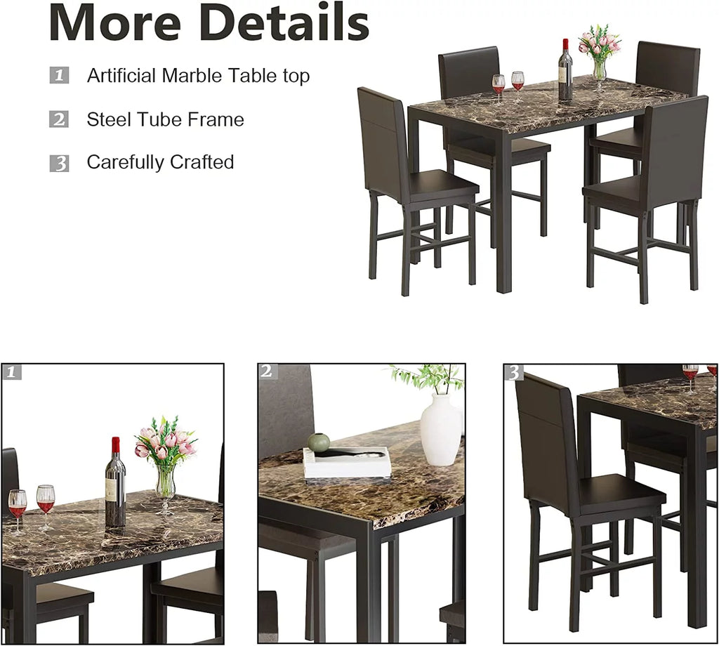 5 Piece Marble Dining Table Set with Faux Leather Metal Frame Chairs B5478
