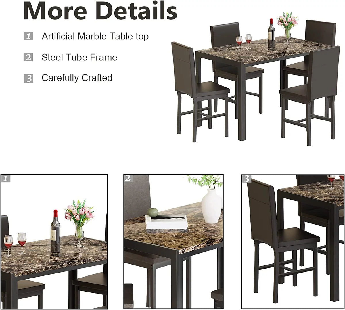 5 Piece Marble Dining Table Set with Faux Leather Metal Frame Chairs B5478