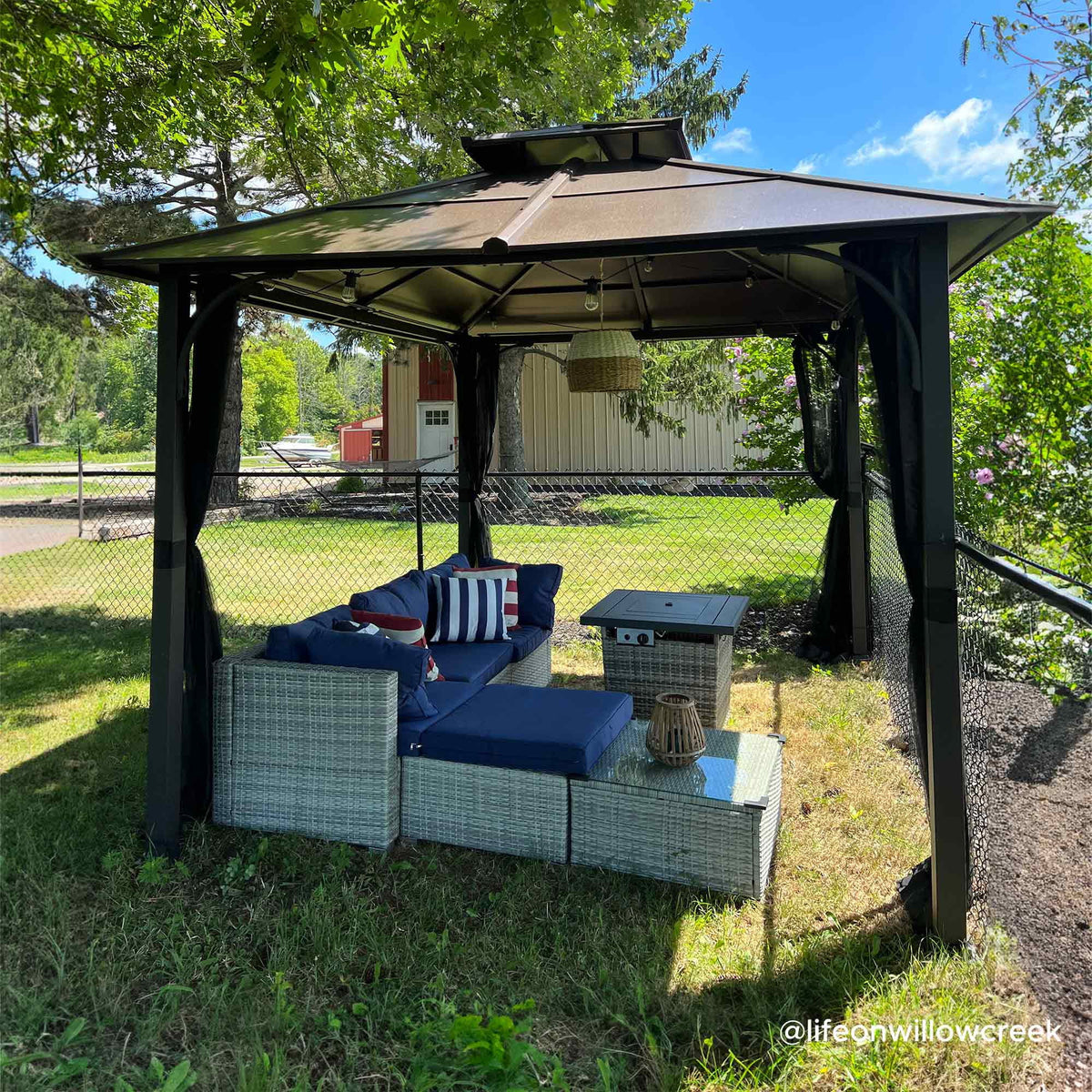 Brown 10x12 ft. Steel Frame 2-Tier Hardtop Roof Gazebo with Netting W48876