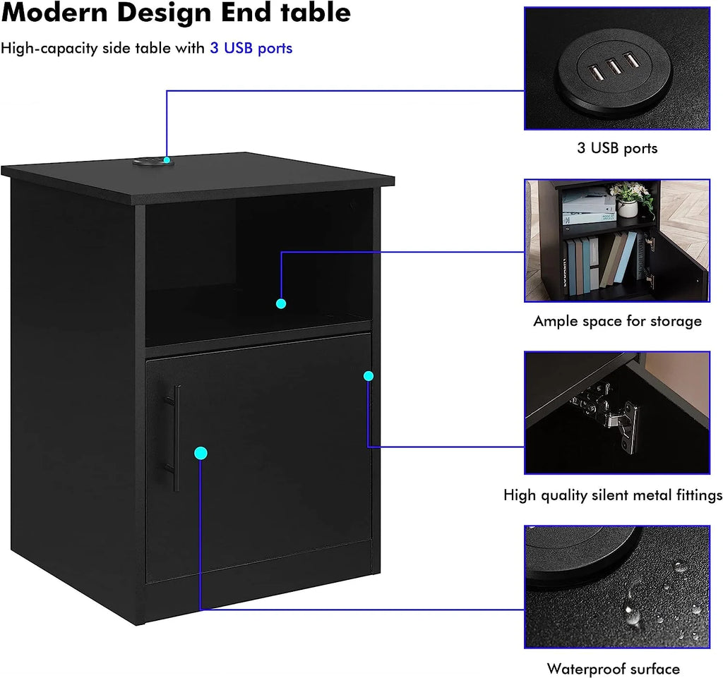 Black Nightstand with Storage and 3 USB Ports C2815