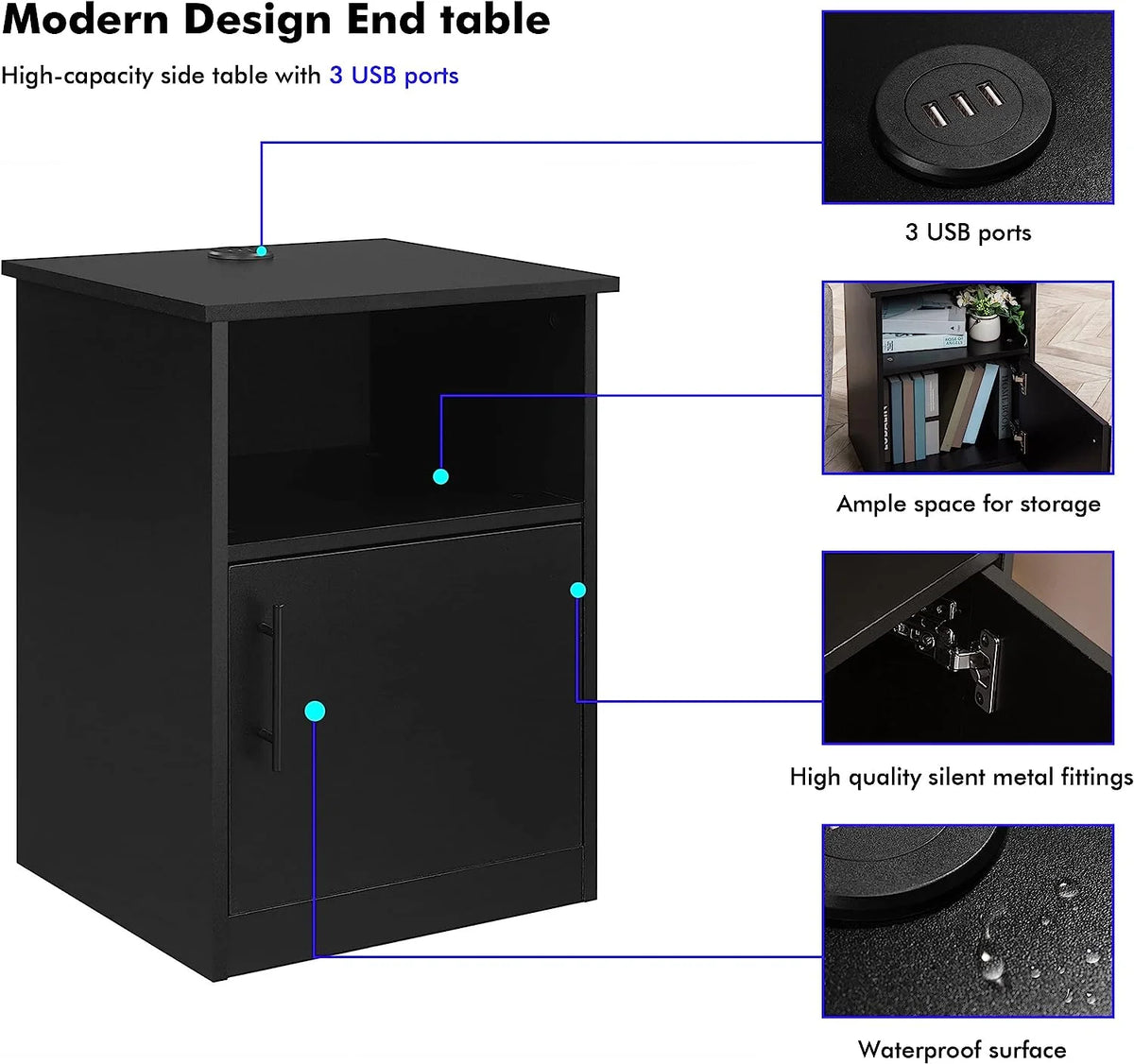 Black Nightstand with Storage and 3 USB Ports C2815