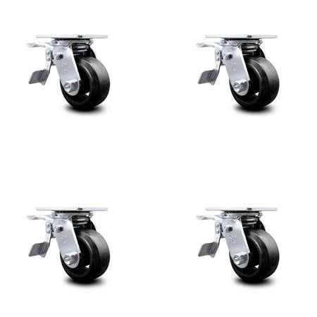 4 inch Rubber on Steel Caster Set with Ball Bearing and Total Lock Brake R64086