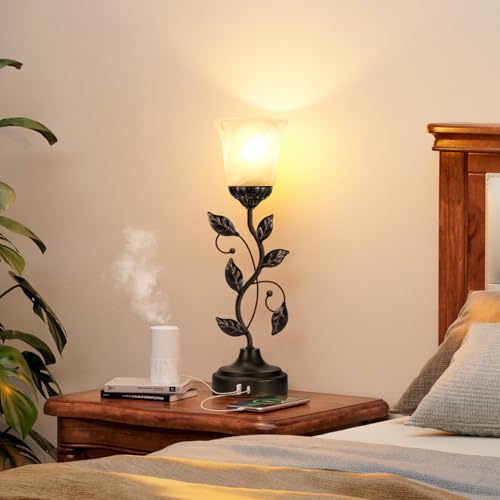 Touch Table Lamp with USB Charging Ports 3 Way Dimmable Amber Glass Lampshade P598